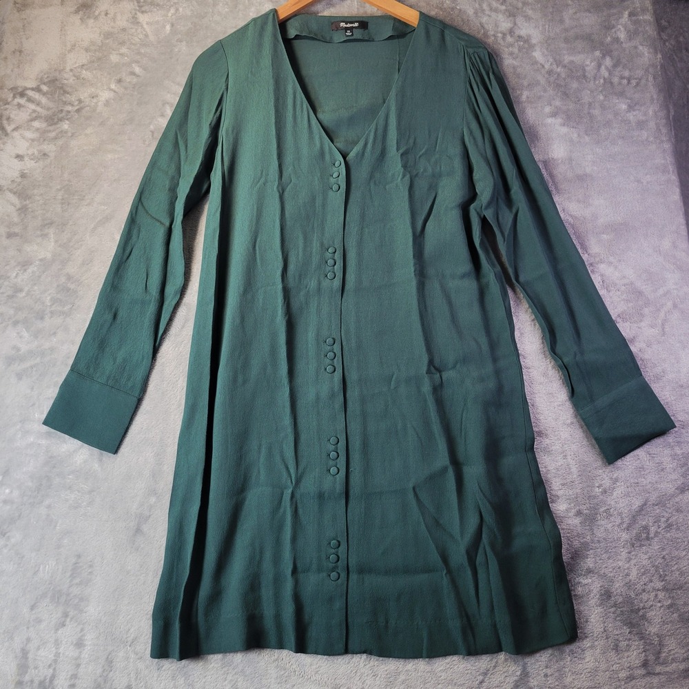 Madewell Smokey Spruce Novel Button-Front Mini‎ Dress XS M4450 Long Sleeve Crepe